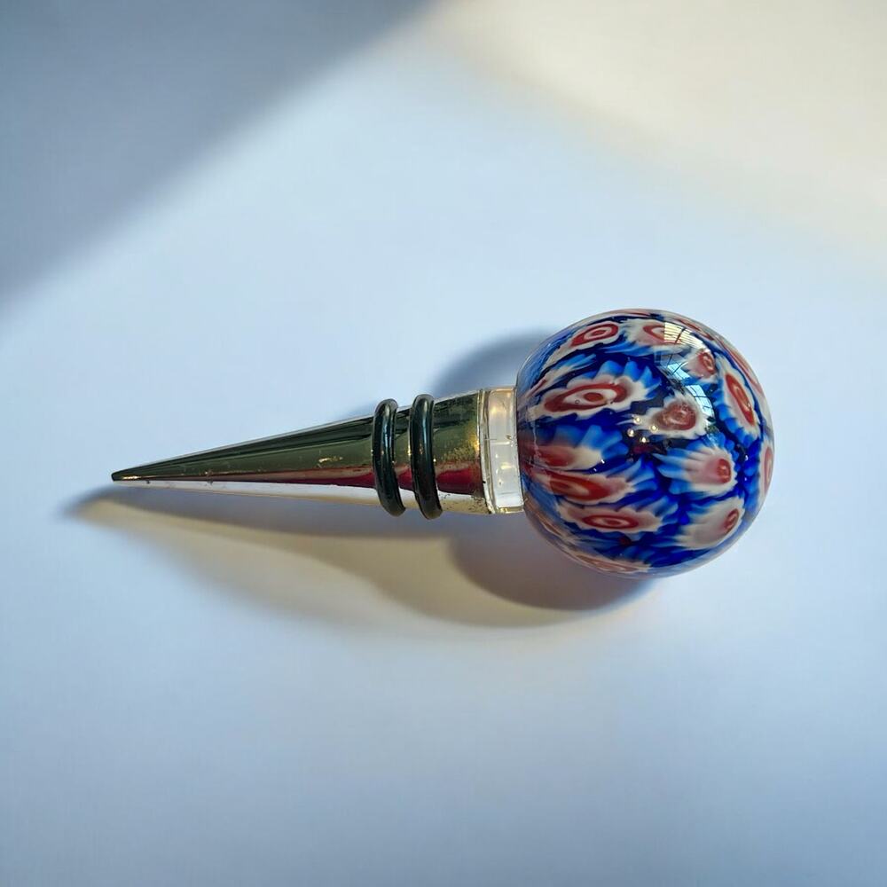 Murano Style Wine Bottle Stopper-Millefiori-Red Blue-Blown Art Glass Ball-Topper